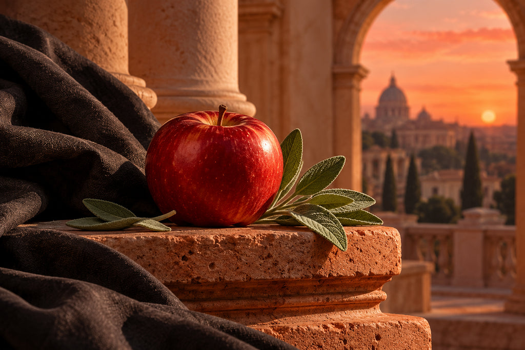 Pomme rouge et sauge sous une lumière de coucher de soleil