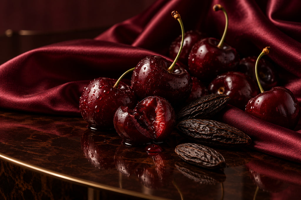 Cerises et fèves tonka sur une étoffe bordeaux