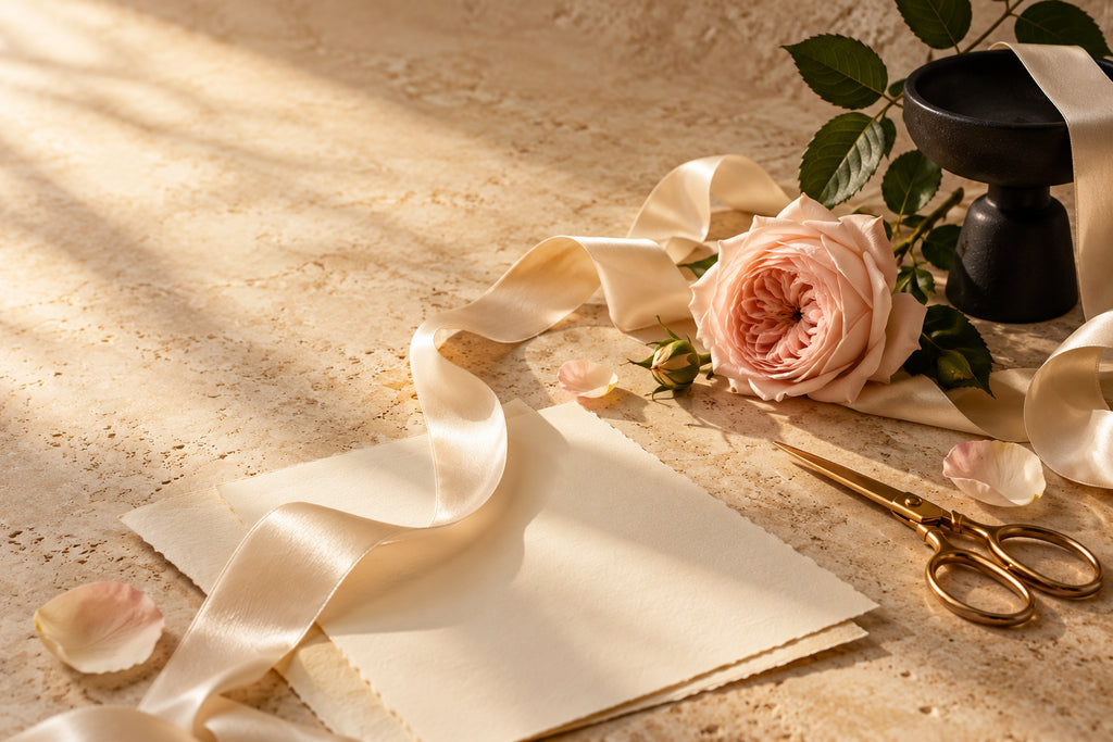 Rubans de soie, rose et papier sur pierre claire