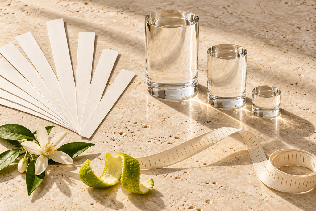 Touches à parfum et objets de verre de différentes tailles