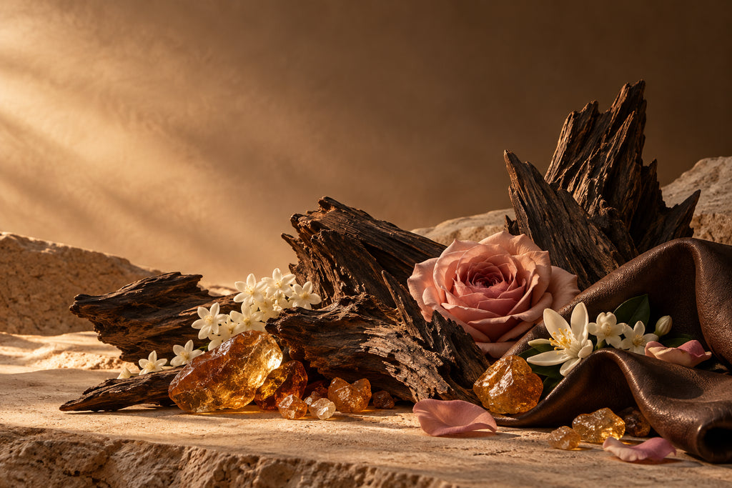 Bois sombre, résines, rose, fleurs blanches et cuir