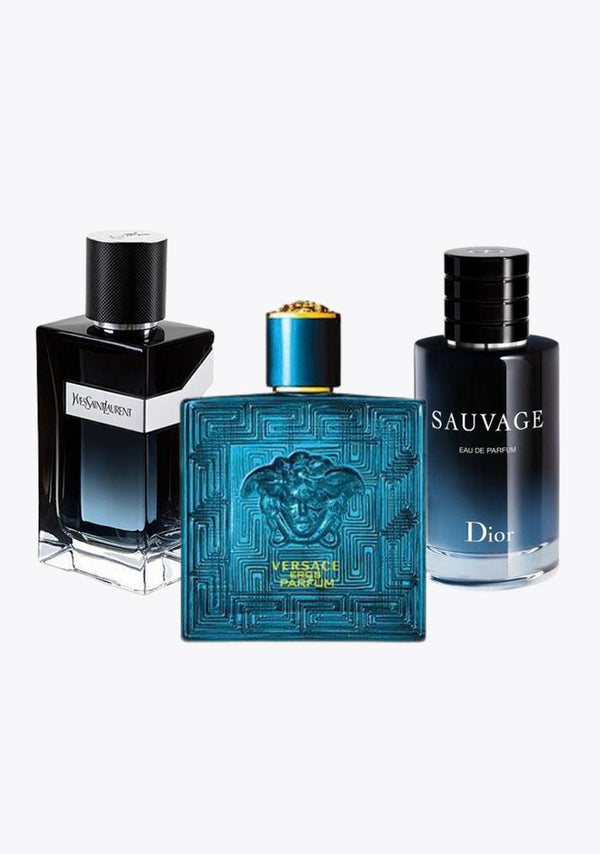 3 parfums Dior SAUVAGE, Yves Saint Laurent Y MEN et Versace EROS