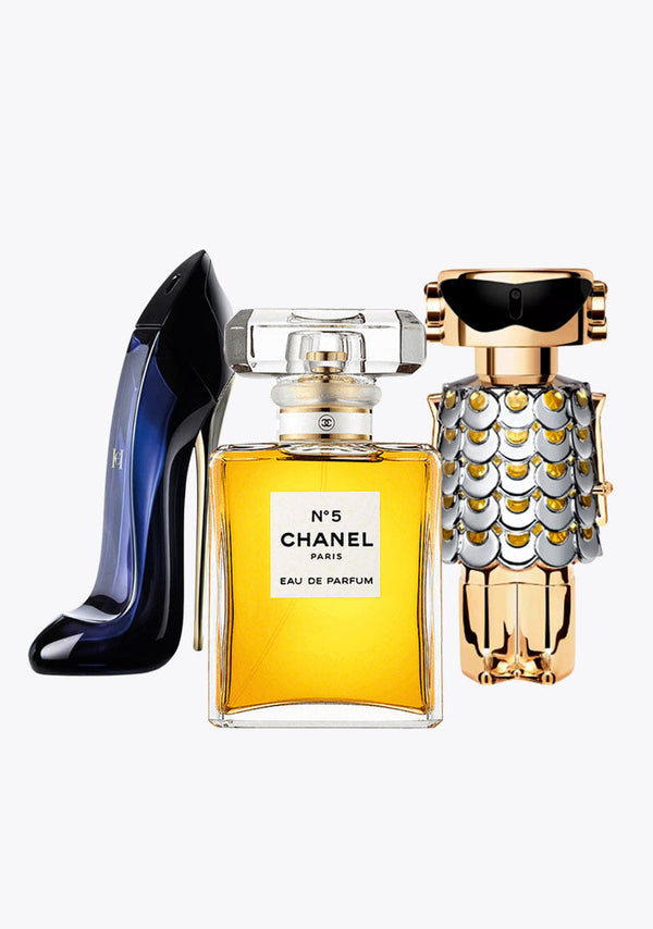 3 Parfums Carolina Herrera GOOD GIRL, Chanel Nº5 et Paco Rabanne FAME