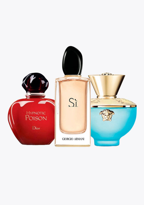 3 Parfums Dior HYPNOTIC POISON, Giorgio Armani SÌ et Versace DYLAN TURQUOISE
